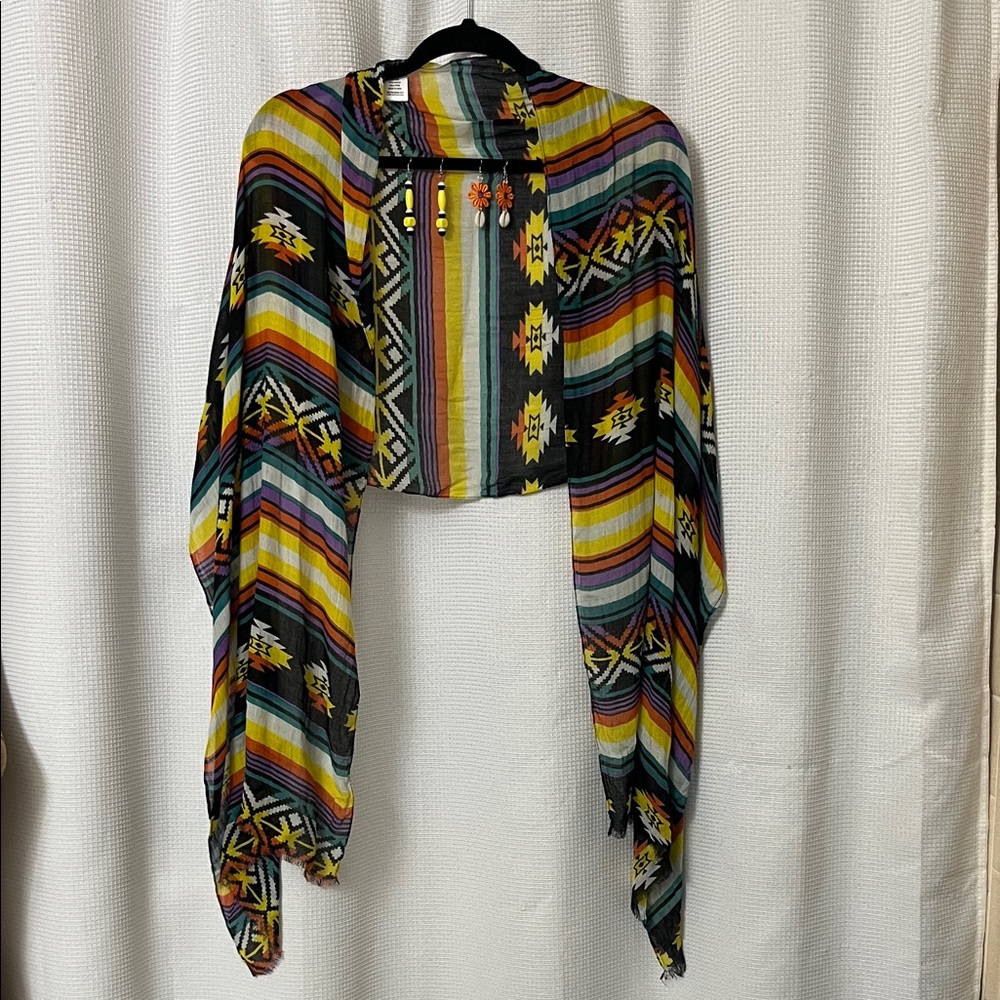 Mother’s Day Easter 3 pc set Multicolor Striped Aztec Shawl 2 pairs earrings